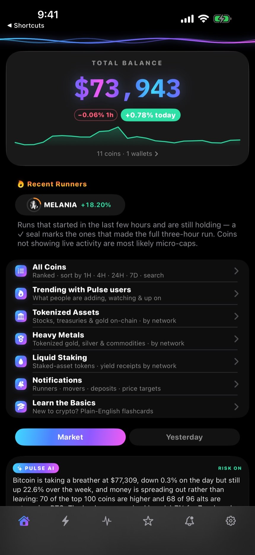 Crypto Live home screen showing a live portfolio, market boards and watchlist